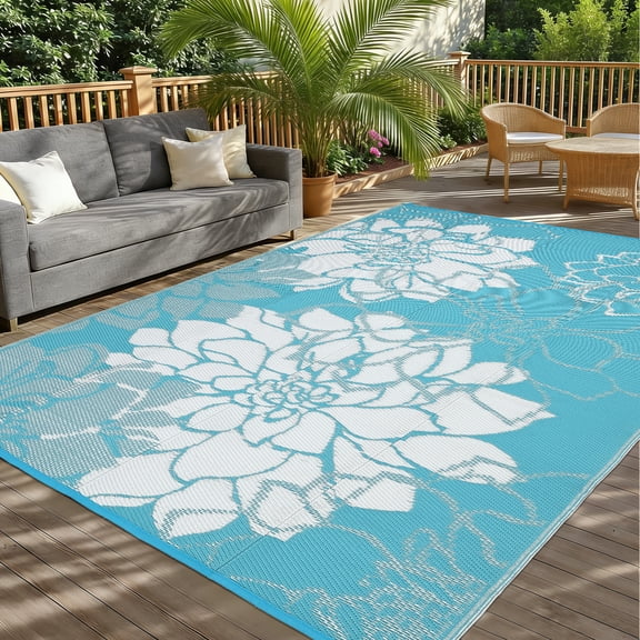 Hasoo 9' x 18' Light Blue Outdoor Rug for Patio Decor Waterproof Plastic Straw Modern Geometric Carpet PP Tube Woven Portable Camping Mat for Picnic Balcony