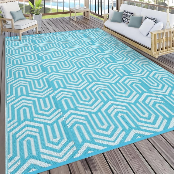 Hasoo 9' x 18' Light Blue Outdoor Rug for Patio Decor Waterproof Plastic Straw Modern Geometric Carpet PP Tube Woven Portable Camping Mat for Picnic Balcony