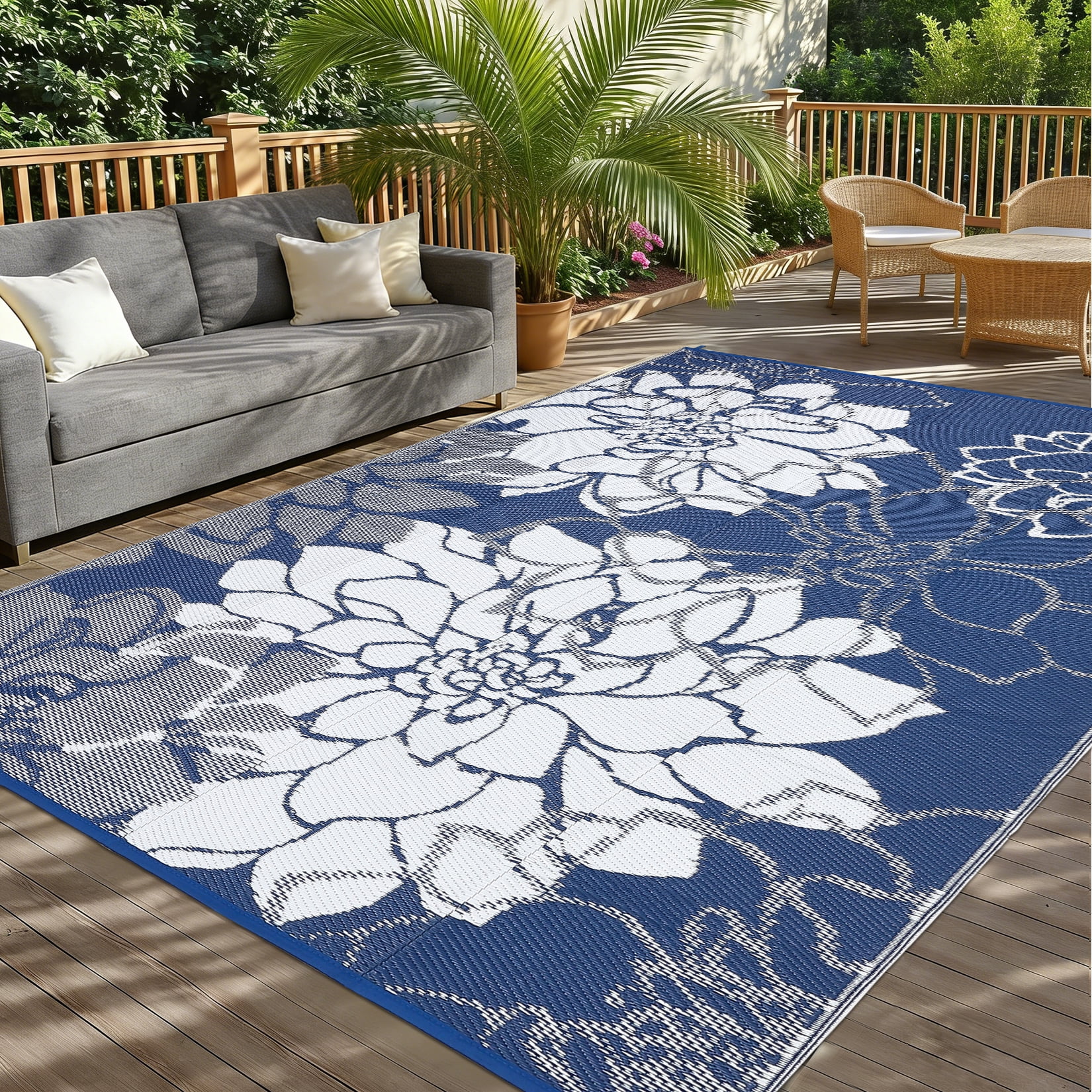 Hasoo 9' x 18' Navy/White Outdoor Rug for Patio Decor Waterproof Plastic Straw Modern Geometric Carpet PP Tube Woven Portable Camping Mat for Picnic Balcony