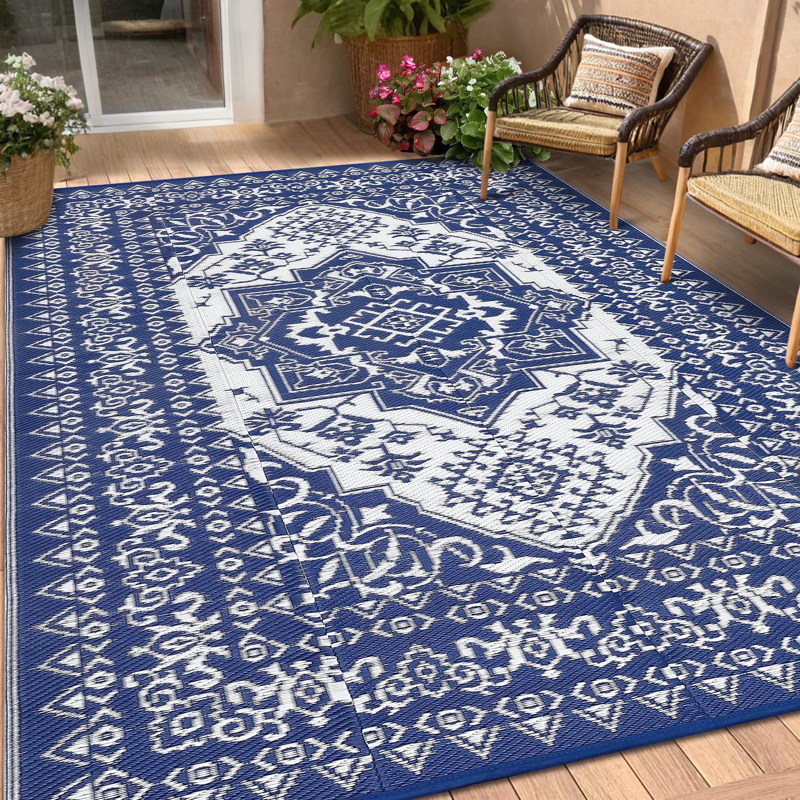Hasoo 9' x 18' Navy/White Outdoor Rug Plastic Straw Rug Floral Carpet ...