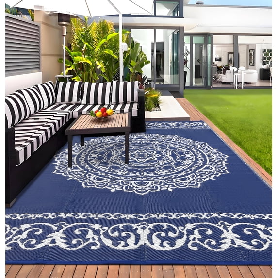 Hasoo 9' x 18' Outdoor Rug Oriental Floral Carpet Durable Stain Resistant Area Utility Rug Navy