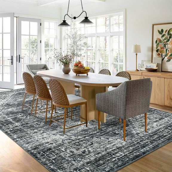 Hasoo 9'x12' Floral Washable Area Rug, 9x12ft Soft Bedroom Large Rug for Living Room, Stain Resistant Boho Rugs Easy Clean Throw Carpet for Office,Dark Gray