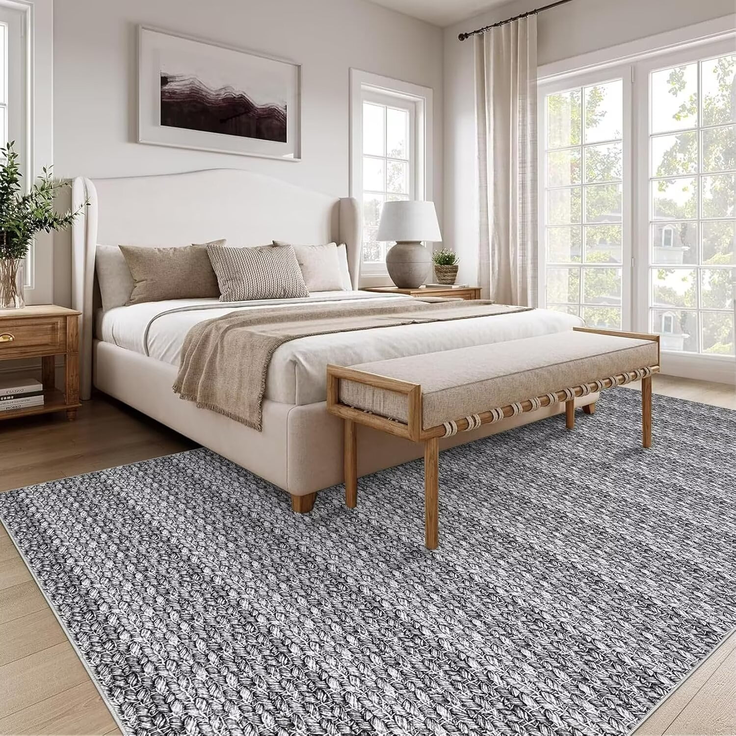 Hasoo Area Rug 10' x 13' Rugs for Living Room Chic Imitation Braided Print Soft Velvet Rug Non Slip Carpet for Bedroom, Dark Gray