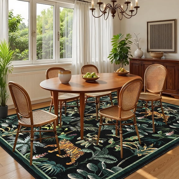 Hasoo Area Rug 10'x 13' Washable Rug for Living Room Tiger Rugs Tropical Jungle Plant Indoor Carpet Non Slip Floor Cover, Black