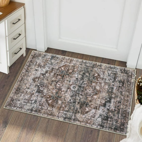 Hasoo Area Rug 2' x 3' Door Mat Kitchen Mat Entryway Rug Persian Rug Vintage Floral Print Accent Rug Non Slip for Kitchen Living Room Bedroom Dining Room, Brown