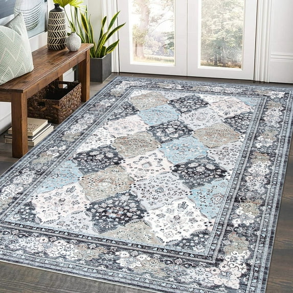 Hasoo Area Rug 4' x 6' Living Room Blue Vintage Rhomboid Indoor Floor Thin Carpet Foldable Farmhouse Floral Print Accent Rug for Kitchen Dining Room Bedroom Office