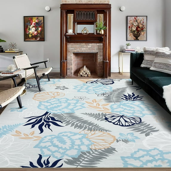 Hasoo Area Rug 4' x 6' Living Room Vintage Indoor Floor Thin Carpet Foldable Farmhouse Floral Print Accent Rug for Kitchen Dining Room Bedroom Office Gray/Blue