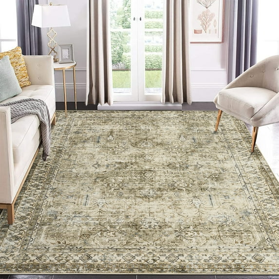 Hasoo Area Rug 4' x 6' Persian Rug Bohemian Indoor Floor Cover Washable Thin Soft Rug Floral Print Living Room Bedroom Dining Room Brown