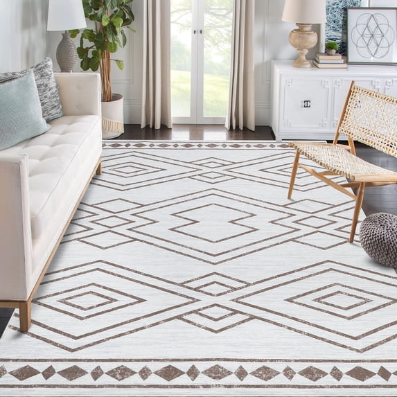 Hasoo Area Rug 4' x 6' Washable Modern Rhomboid Rugs for Living Room Non-Slip Carpet Brown