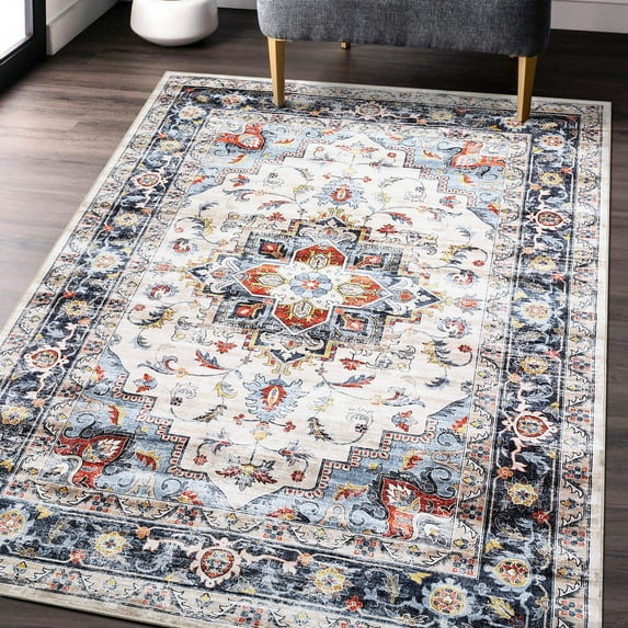 Hasoo Area Rug 5' x 7' Floral Area Rug for Living Room Washable Soft Indoor Floor Carpet, Blue Beige