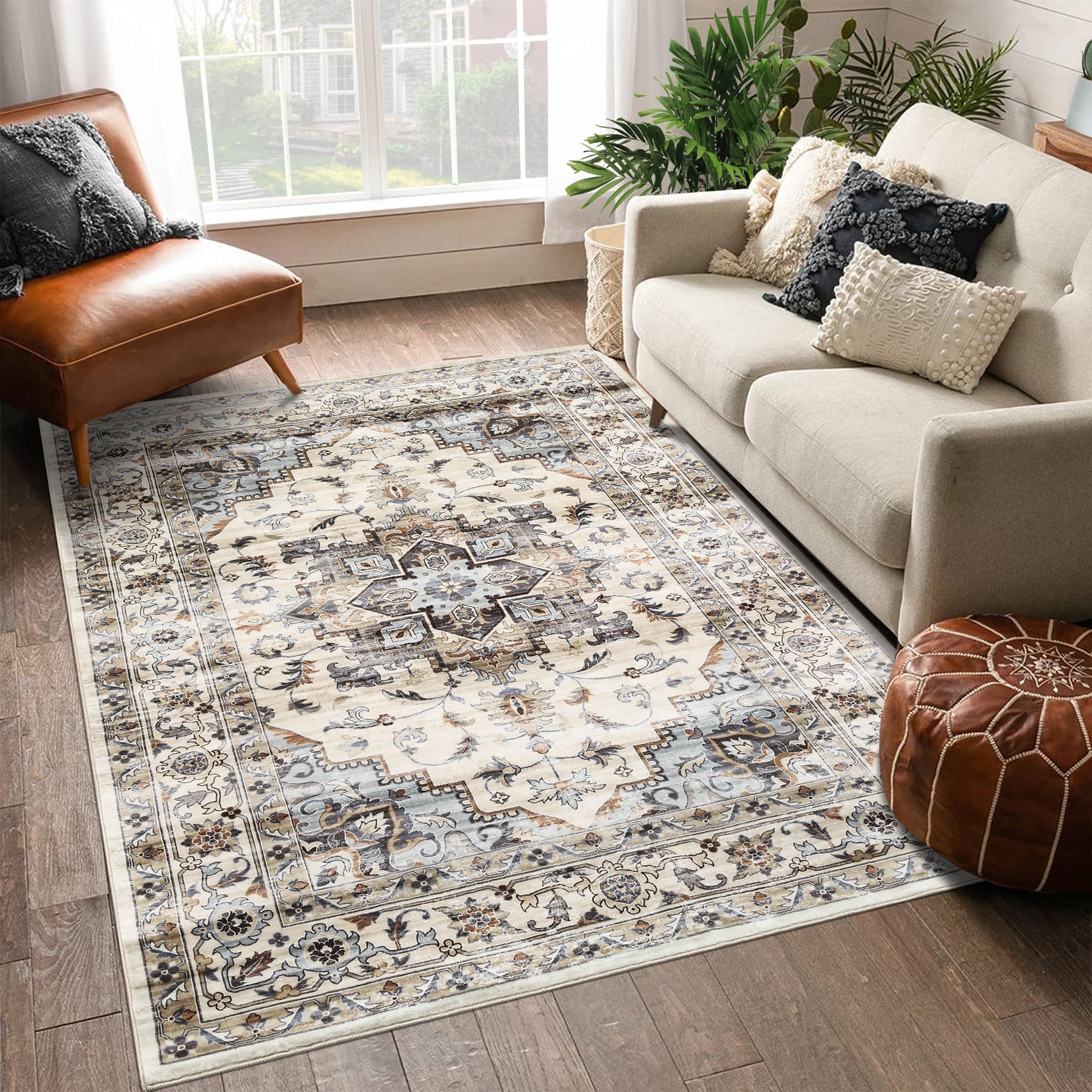 Brown Blue 5' x 7' Oriental Synthetic Washable Area Rug