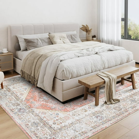 Hasoo Area Rug 5' x 7' Floral Area Rug for Living Room Washable Soft Indoor Floor Carpet, Light Orange