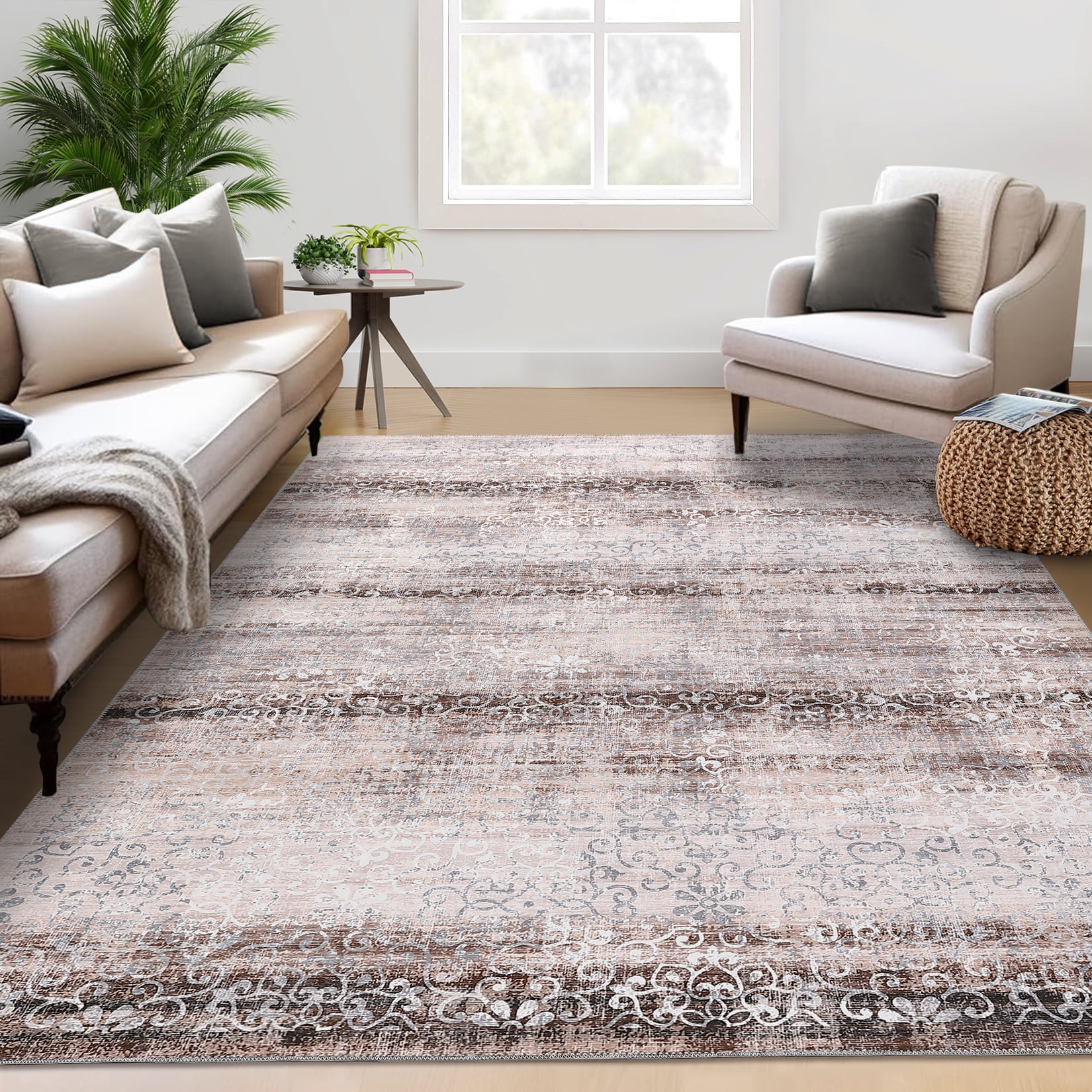 Vintage Floral 5' x 7' Black and Brown Washable Area Rug