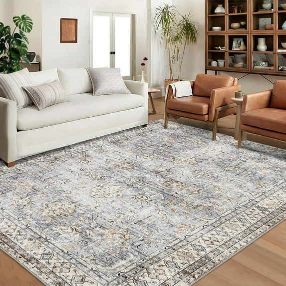 Hasoo Area Rug 5' x 7' Persian Rug Bohemian Indoor Floor Cover Washable Thin Soft Rug Floral Print Living Room Bedroom Dining Room Blue