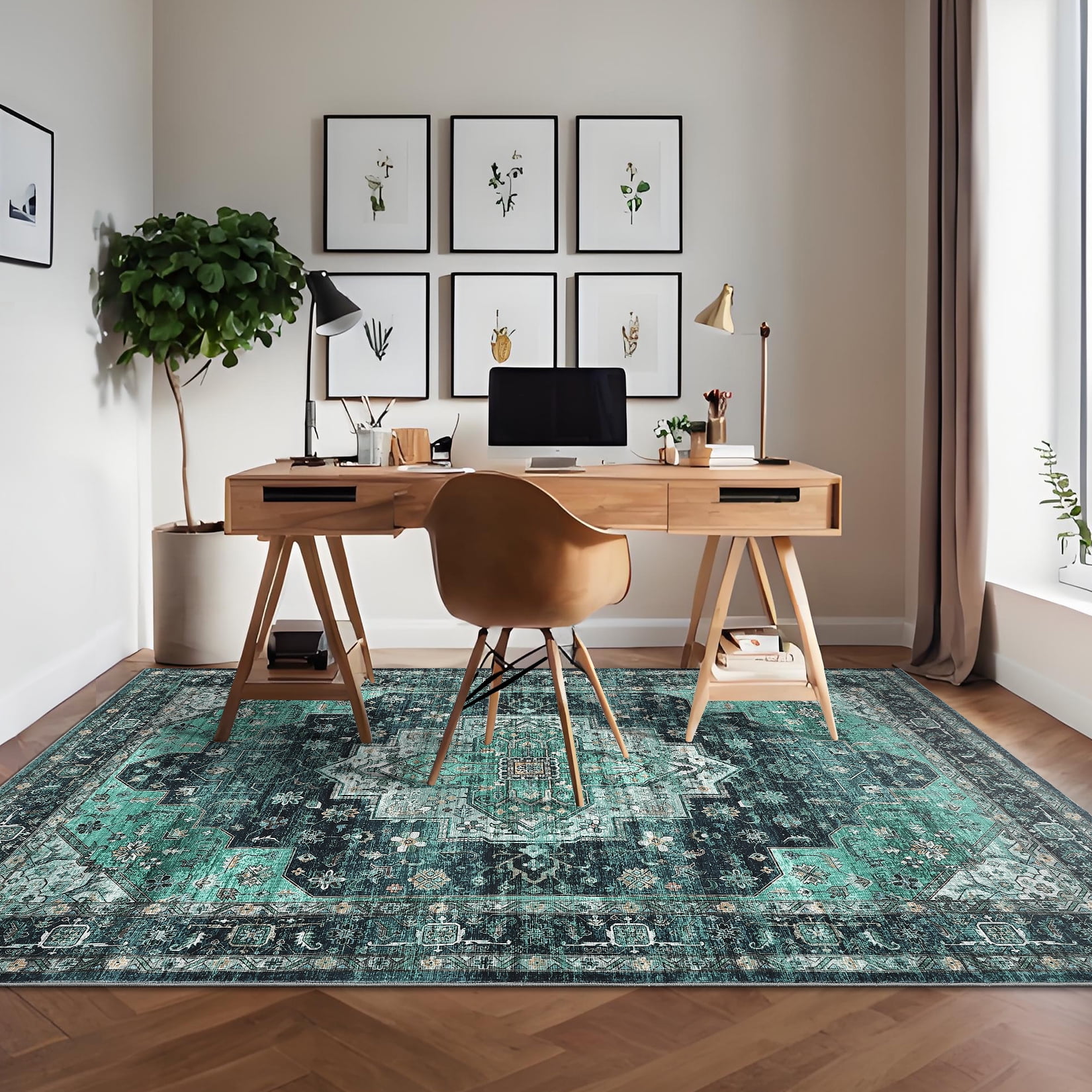 Hasoo Area Rug 5' x 7' Rugs for Living Room Washable Rugs Vintage Distressed Indoor Rug Carpet Soft Lightweight Foldable Nonslip Rug Turquoise