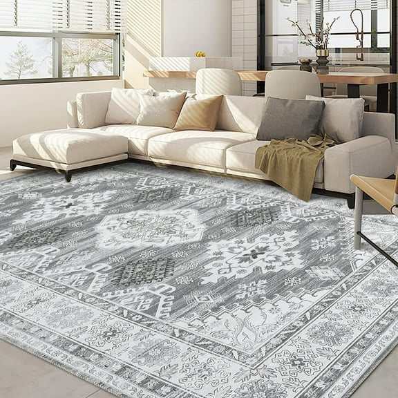 Hasoo Area Rug 5' x 7' Vintage Distressed Medallion Floral Area Rug for Living Room Washable Soft Indoor Floor Carpet, Gray