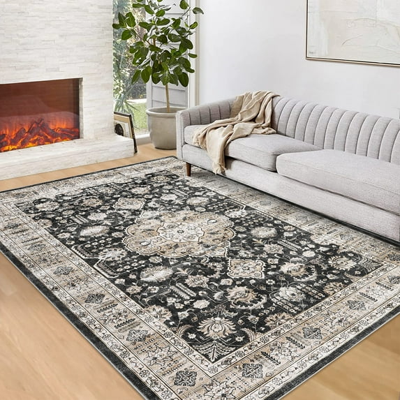 Hasoo Area Rug 5' x 7' Vintage Retro Area Rug for Living Room Bedroom Medallion Distressed Washable Rug Black