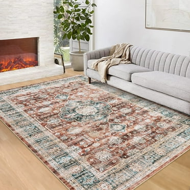 Hasoo Area Rug 5' x 7' Vintage Retro Area Rug for Living Room Bedroom Medallion Distressed Washable Rug Brick Red