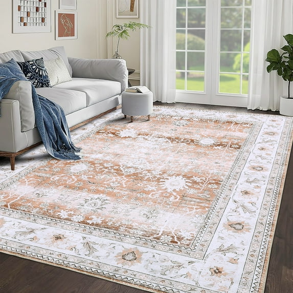 Hasoo Area Rug 5'x 7' Vintage Rug Persian Antique Floral Printed Floor Mat for Bedroom Office Indoor Rug Aethetic Carpet for Dining Room Large Floor Cover, Light Orange
