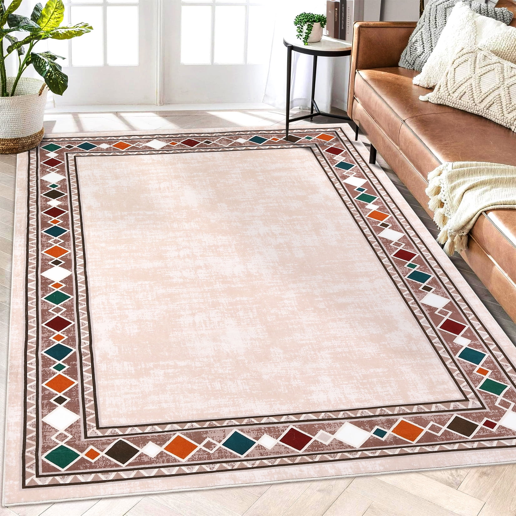 Hasoo Area Rug 5' x 7' Washable Bordered Rug for Living Room Non-Slip Accent Indoor Neutral Carpet Beige