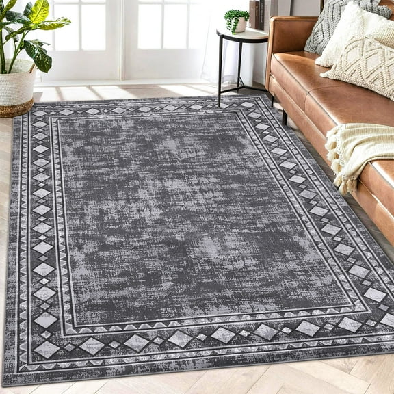 Hasoo Area Rug 5' x 7' Washable Bordered Rug for Living Room Non-Slip Accent Indoor Neutral Carpet Gray