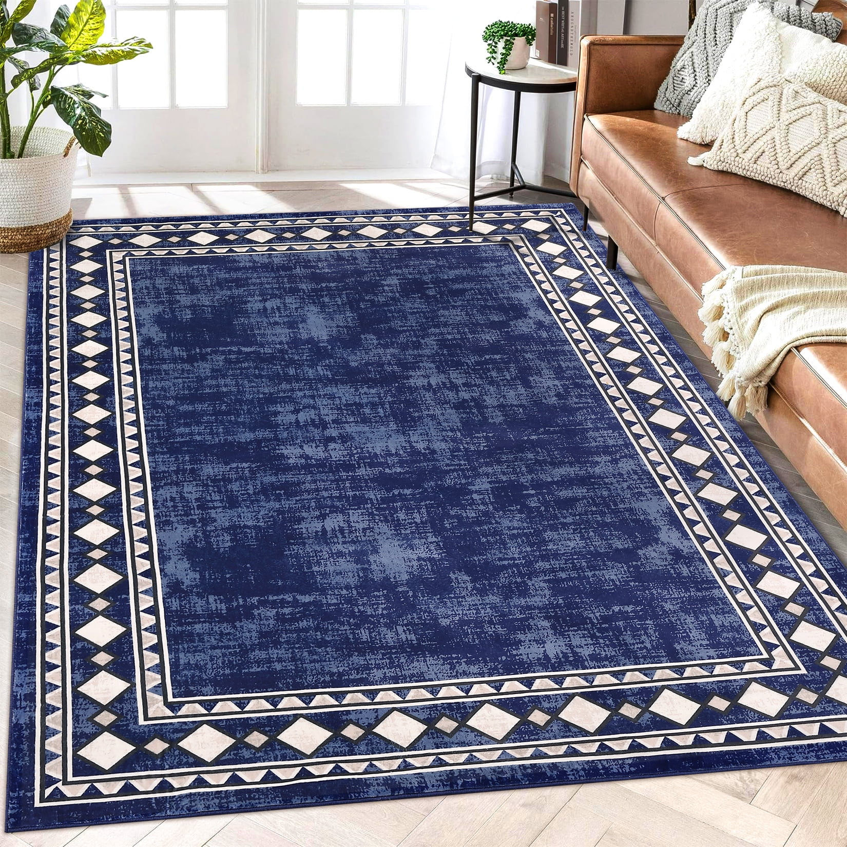 Hasoo Area Rug 5' x 7' Washable Bordered Rug for Living Room Non-Slip Accent Indoor Neutral Carpet Navy