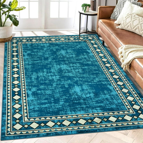 Hasoo Area Rug 5' x 7' Washable Broder Rug for Living Room Non-Slip Accent Carpet Blue/Green