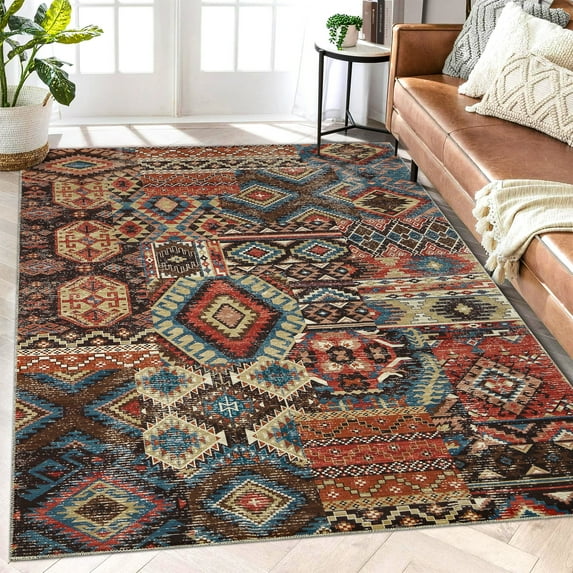 Hasoo Area Rug 5' x 7' Washable Ethnic Tribes Rugs for Living Room Non-Slip Accent Carpet Brownish Red