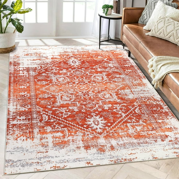 Hasoo Area Rug 5' x 7' Washable Printed Rugs for Living Room Non-Slip Carpet Orange