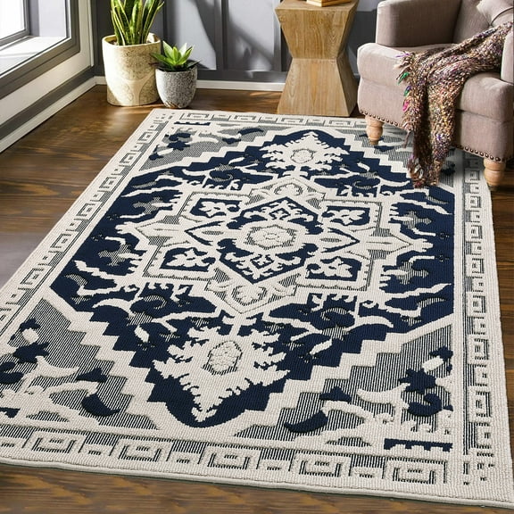 Hasoo Area Rug 5' x 8' Floral Area Rug for Living Room Shag Soft Indoor Floor Carpet, Navy