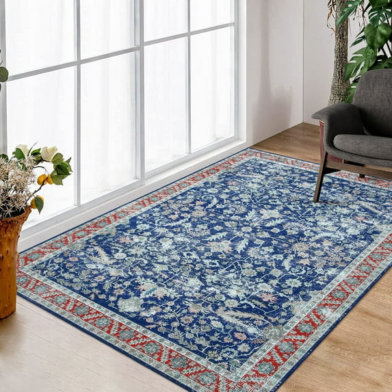 Hasoo Area Rug 5x7 Persian Area Rug for Living Room Machine Washable Rug for Office Vintage Retro Rug Traditional Carpet Anti-Slip Floor Cover, Blue
