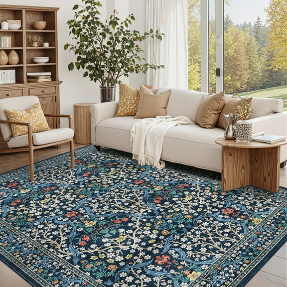 Hasoo Area Rug 6' x 9' Floral Rug for Living Room Washable Soft Modern Indoor Floor Carpet, Blue