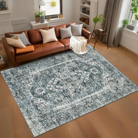 Hasoo Area Rug 6' x 9' Washable Vintage Rugs for Living Room Bedroom Kitchen Medallion Distressed Carpet Oriental Non Slip Floor Rug Accent Rug Blue/Green