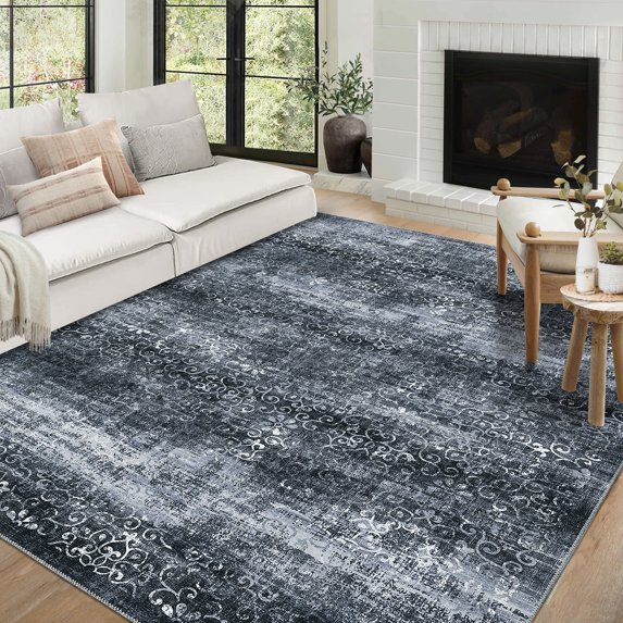 Hasoo Area Rug 8' x 10' Floral Area Rug for Living Room Washable Soft Vintage Distressed Indoor Floor Carpet, Black Gray