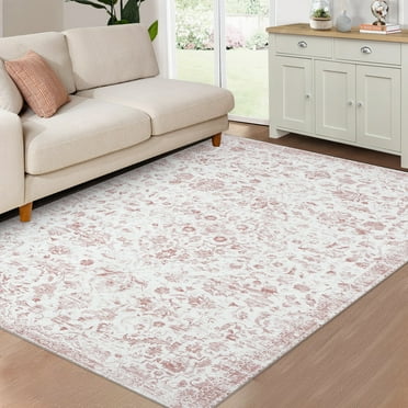 Hasoo Area Rug 8' x 10' Pink Multi Vintage Rug Flodable Thin Rug Retro Distressed Carpet Floral Print Boho Rug for Kitchen Bedroom Living Room Dining Room