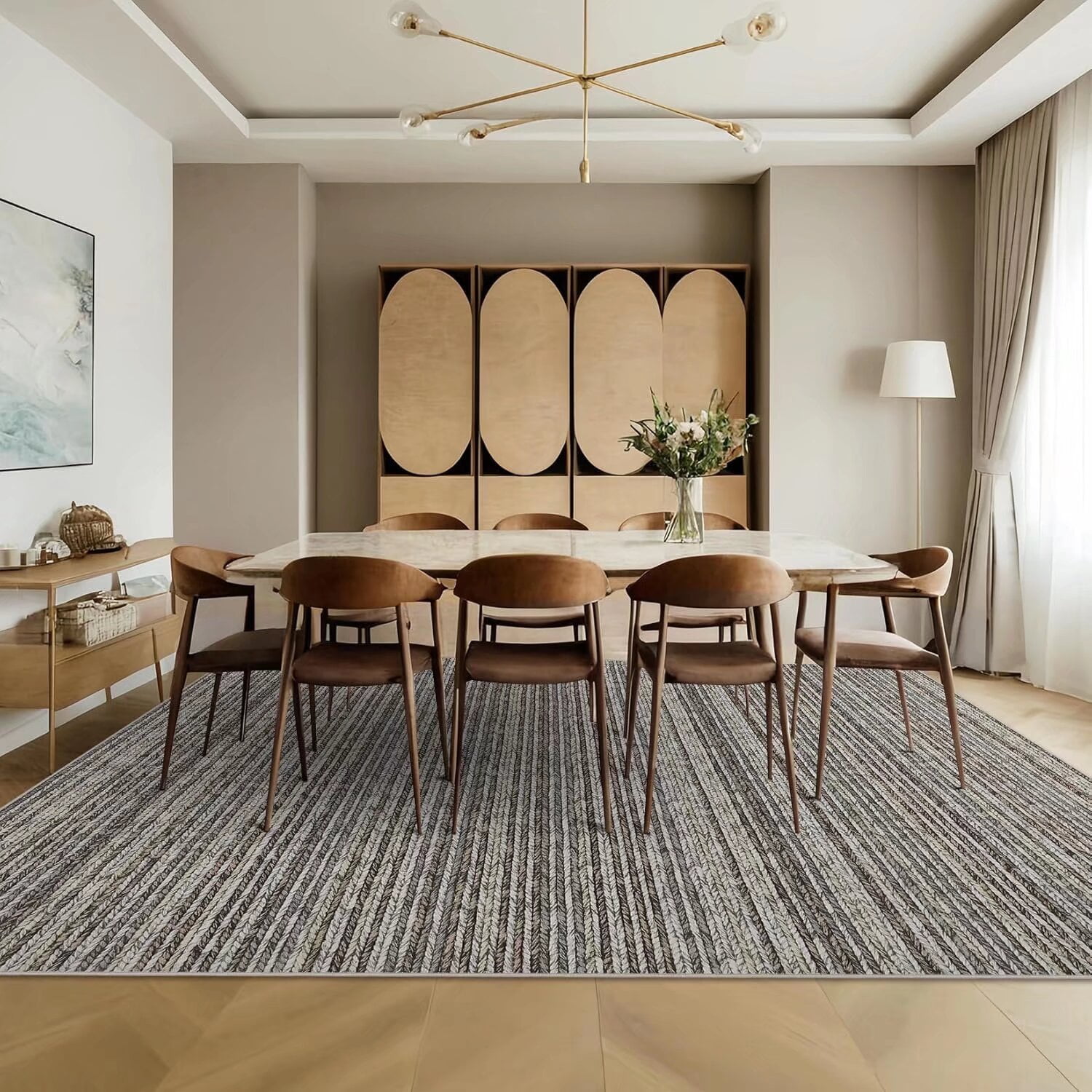 Hasoo Area Rug 8' x 10' Rugs for Dining Room Modern Striped Rugs for Living Room Printed Braid Indoor Carpet Soft Lightweight Washable Gray Rugs