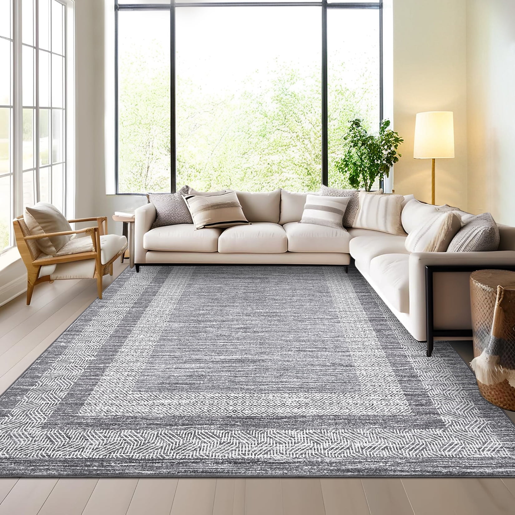 Hasoo Area Rug 8' x 10' Rugs for Dining Room Washable Rugs Modern Geometric Bordered Indoor Carpet Soft Lightweight Foldable Nonslip Gray Rug