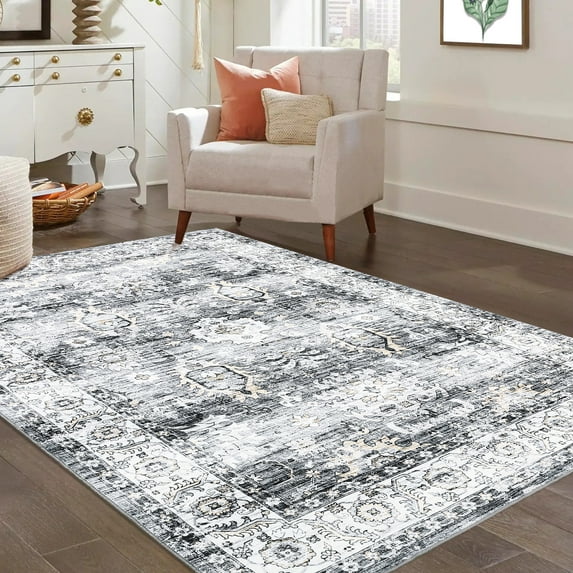 Hasoo Area Rug 8' x 10' Vintage Distressed Floral Area Rug for Living Room Washable Soft Indoor Floor Carpet, Gray