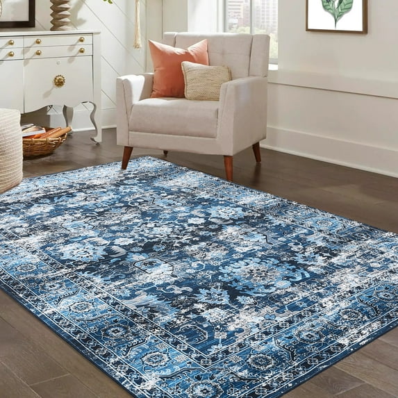 Hasoo Area Rug 8' x 10' Vintage Distressed Floral Area Rug for Living Room Washable Soft Indoor Floor Carpet, Navy