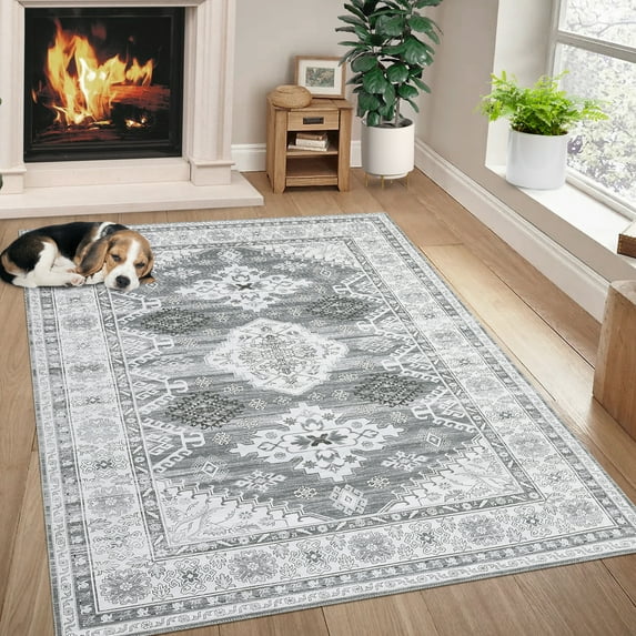 Hasoo Area Rug 8' x 10' Vintage Distressed Geometric Floral Area Rug for Living Room Washable Soft Indoor Floor Carpet, Gray