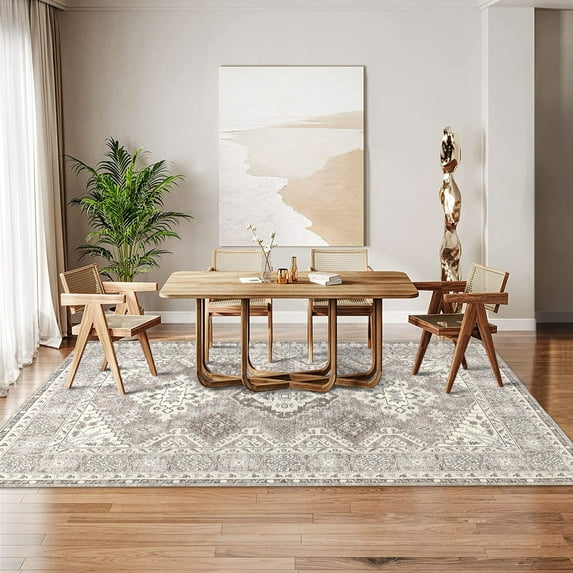 Hasoo Area Rug 8' x 10' Vintage Distressed Geometric Floral Area Rug for Living Room Washable Soft Indoor Floor Carpet, Taupe