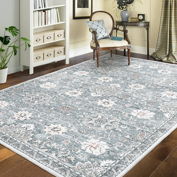 Hasoo Area Rug 8' x 10' Vintage Washable Rug Oriental Floral Rug for Dining Room Dorm, Blue