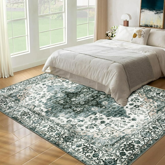 Hasoo Area Rug 8' x 10' Vintage Washable Rug Oriental Floral Rug for Dining Room Dorm, Green