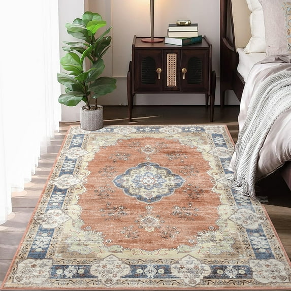 Hasoo Area Rug 8' x 10' Vintage Washable Rug Oriental Floral Rug for Dining Room Dorm, Orange