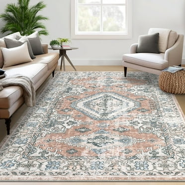 Hasoo Area Rug 8' x 10' Vintage Washable Rug Oriental Floral Rug for Dining Room Dorm, Orange