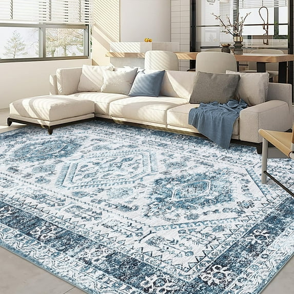 Hasoo Area Rug 9' x 12' Floral Area Rug for Living Room Washable Soft Indoor Floor Carpet, Blue