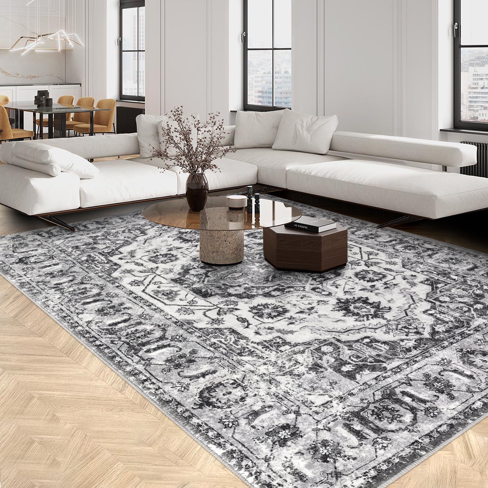 Gray Rectangular Washable Synthetic Area Rug 9' x 12'
