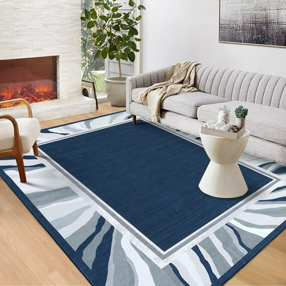 Hasoo Area Rug 9' x 12' Modern Bordered Area Rug for Dining Room Washable Soft Indoor Floor Carpet, Blue