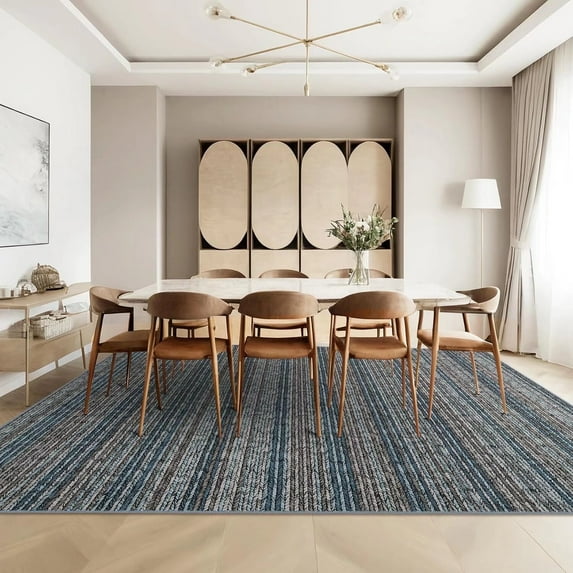 Hasoo Area Rug 9' x 12' Rugs for Dining Room Modern Striped Rugs for Living Room Printed Braid Indoor Carpet Soft Lightweight Washable Blue Rugs