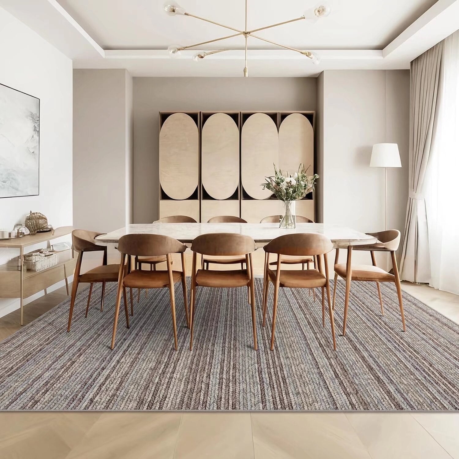 Hasoo Area Rug 9' x 12' Rugs for Dining Room Modern Striped Rugs for Living Room Printed Braid Indoor Carpet Soft Lightweight Washable Camel Rugs